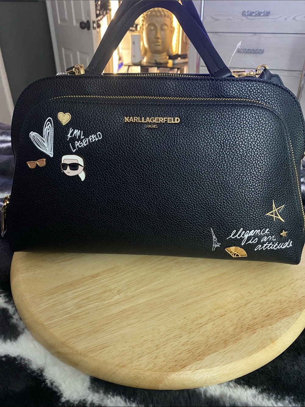 Karl Lagerfeld Black Pebbled Satchel with Parisian Embellishments